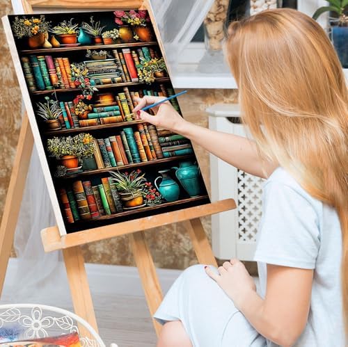 Bowetile Framed Paint by Numbers Bookshelf for Adults Beginners, Adults' Paint-by-Number Kits, Easy Adult Paint by Number Kits on Canvas, Acrylic Bookshelf Number Painting for Home Decor, 8x12in