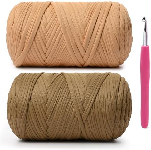 2 Pack Soft Tshirt Crochet Yarn, 800g/228 yds High Elastic Hand Knitting Yarns, Thick T Shirt Yarn for Crocheting Bags, Baskets, Cushions, DIY Crafts(Light Tan＋Deep Khaki