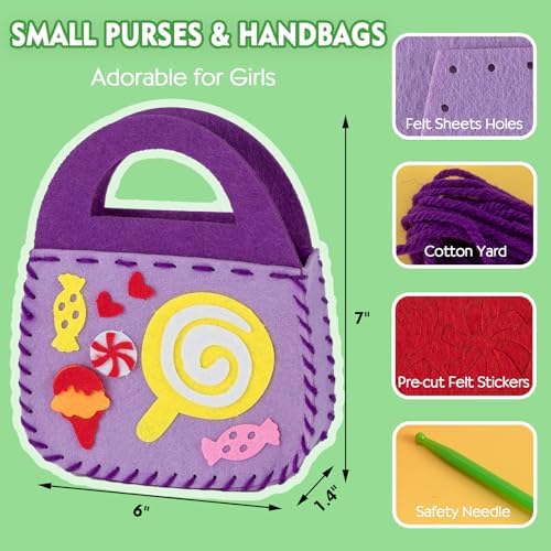 OZENT 8 Set Sewing Handbag Kit, Sew Your Own Purses and Handbags, Felt Sewing Kit with Stickers DIY Sewing Felt Craft for Girls