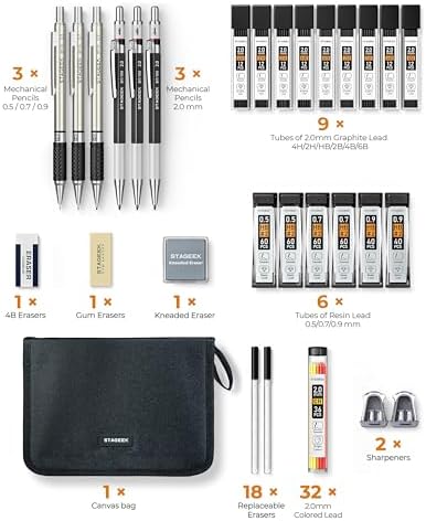 STAGEEK Mechanical Pencil Set with Canvas Bag 30 Count, Drawing Pencils 0.5, 0.7, 0.9MM & 3PCS 2MM Sketching Pencils with 464PCS Lead Refills (6B 4B 2B HB 2H 4H Color) for Artist Drafting Drawing