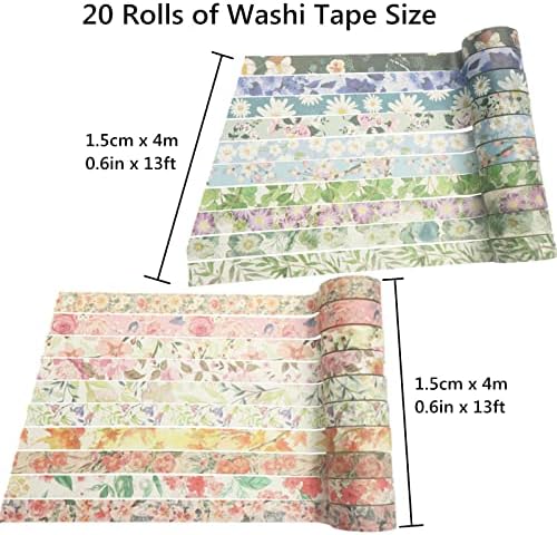 Floral Washi Tape Set 20 Rolls 15mm Wide Flower Decorative Paper Tapes for Scrapbooking, Journal, Planner, DIY Crafts, Gift Wrapping