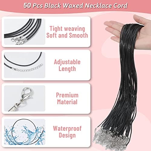 Paxcoo 50Pcs Black Waxed Cotton Cord, 24 Inch Necklace String Rope with Clasp, Bulk for Charms, Pendants, Bracelets, Jewelry Making Supplies and Beading Supplies