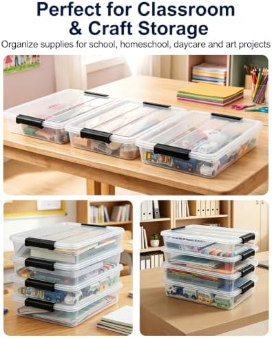 EOENVIVS 4 Pack Clear Storage Bins with Lids, Stackable A4 & US Letter File Box Organizers, Craft Storage Bins and Sensory Bins for Classroom, Kids Art Supplies, Documents and Projects, Black Latches