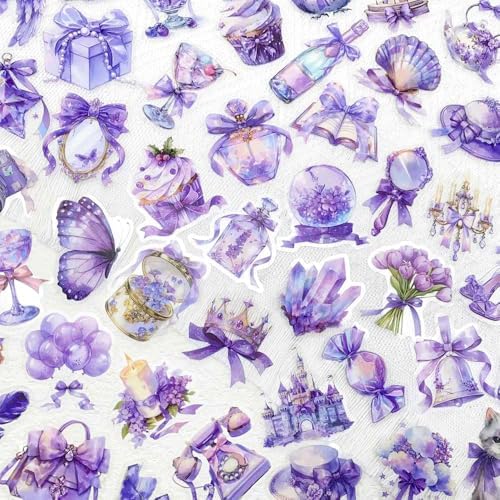 50 Pcs Romantic Purple Dreamy Transparent Scrapbook Stickers – Fantasy Fairycore Crystal Bow Ribbon Castle Animals Clear Journaling Decorative Stickers