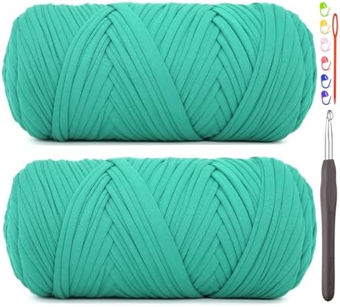 2 Pack Tshirt Yarn for Crocheting,T Shirt Chunky Elastic Fabric Thick T-Shirt Crochet Yarn for Beginners Crocheting Hand Knitting Bag/Basket/Coasters/DIY Crafts/Home Decor 2 * 200G（Peacock Green）