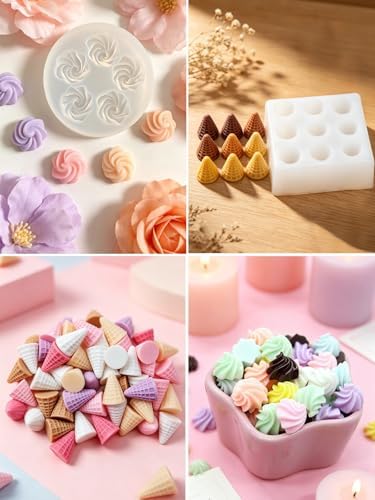 Mini Cream & Cone Silicone Mold, 4 Pieces Non-Stick Food Shape Candle Molds for Chocolate, Resin, Soap | Cute Bread Fondant Molds for Baby Shower Birthday Party DIY Crafts‌ (Cream & Cone)