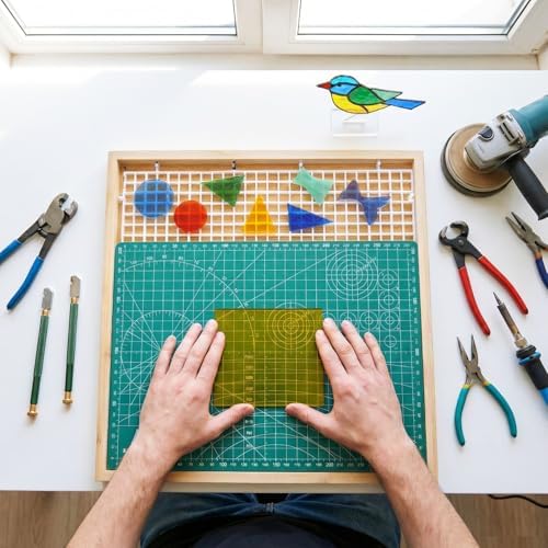 Verdanzia Stained Glass Cutting Mat, 12"X12" Waffle Grid Mat for Glass Cutting, Stained Glass Cutting Board with Tray & Craft Cutting Mat, Stained Glass Supplies for Scoring and Cutting Glass (Wood)