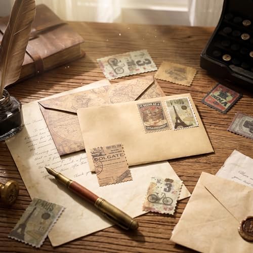 60pcs Vintage Postage Stamp Stickers, Aesthetic Modern Deco Paper Sticker for Scrapbooking, Journaling Supplies, Planners, Kid DIY Art Crafts