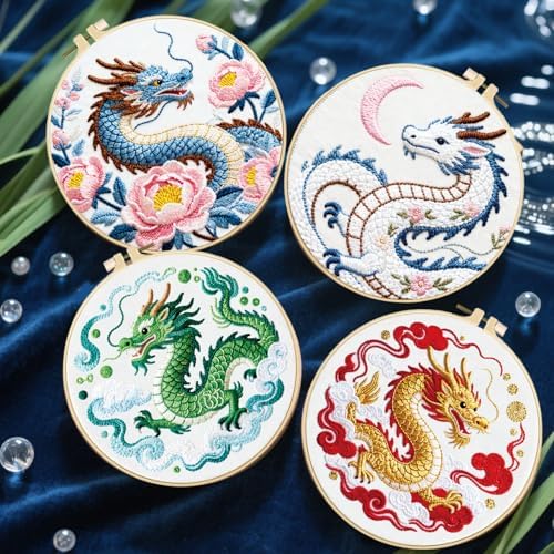 FREEBLOSS 4 Sets Embroidery Kit for Beginners Needlepoint Dragon&Cloud Stamped Embroidery Starter Kit with Instructions, Needles, Threads, 2 Hoops 11.6"/29.5CM