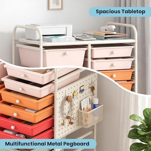 GOFLAME 15-Drawer Rolling Storage Cart with Pegboard, Craft Storage Cart with Lockable Wheels and Metal Frame, Art Cart Supply Storage Organizer for Home Office Classroom, Macaron Color