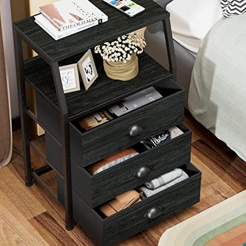Furnulem Black Night Stand, Small Bedside Table for with 3 Fabric Drawers
