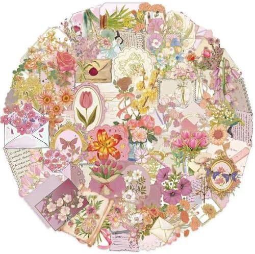 50Pcs Vintage Stickers,Waterproof Transparent PET Aesthetic Decorative Sticker Scrapbooking Supplies for Adult Card Making Letters Planner Journaling Junk Journal DIY Water Bottles Art Craft.Flowers