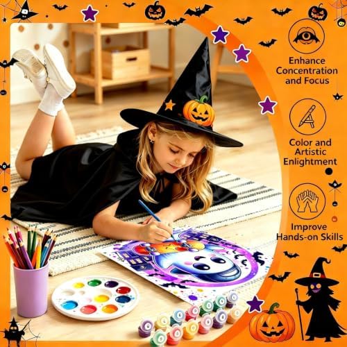 Tabszca 4 Pack Halloween Paint by Numbers Kit for Kids with Frame 8x8 Inch