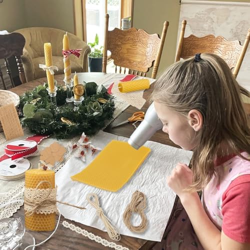 Beeswax Sheets for Candle Making, 30Pcs DIY Beeswax Candles Rolling Kit for Kids & Adults, Natural Honeycomb Sheets (8 x 8 Inch) with Cotton Wick, Bee Ornaments, Lace Ribbon and Hemp Rope