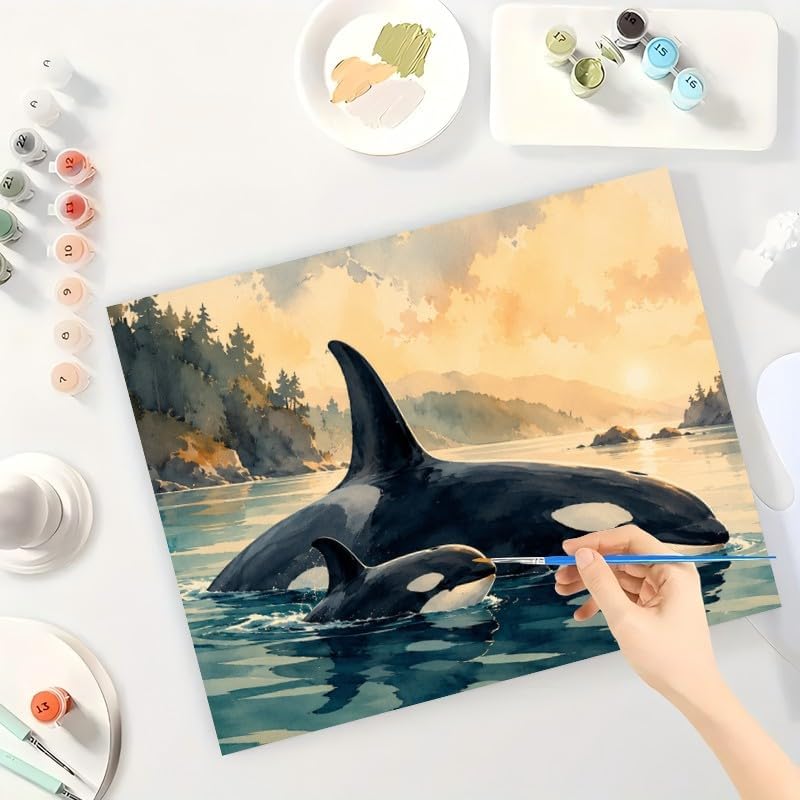 ENTORLAB Marine Wildlife Digital Painting Kit for Adults - DIY Orca Whale Family Oil Painting on Canvas 16X20IN Framed, Acrylic Paint Kit, Good for Beginners, Coastal Home Decor or Gift Artwork