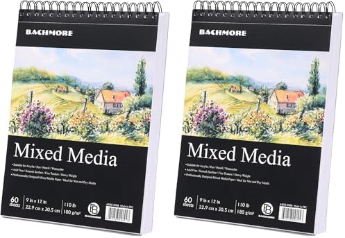 Bachmore Drawing Pad 9X12 Inch (110lb/180g), 60 Sheets, Top Spiral Bound Multi-Media for Artist Pro & Amateurs | Acrylic Art, Ink, Paint, Oil Pastels,Watercolor Mixed Media Sketch (Pack of 2)