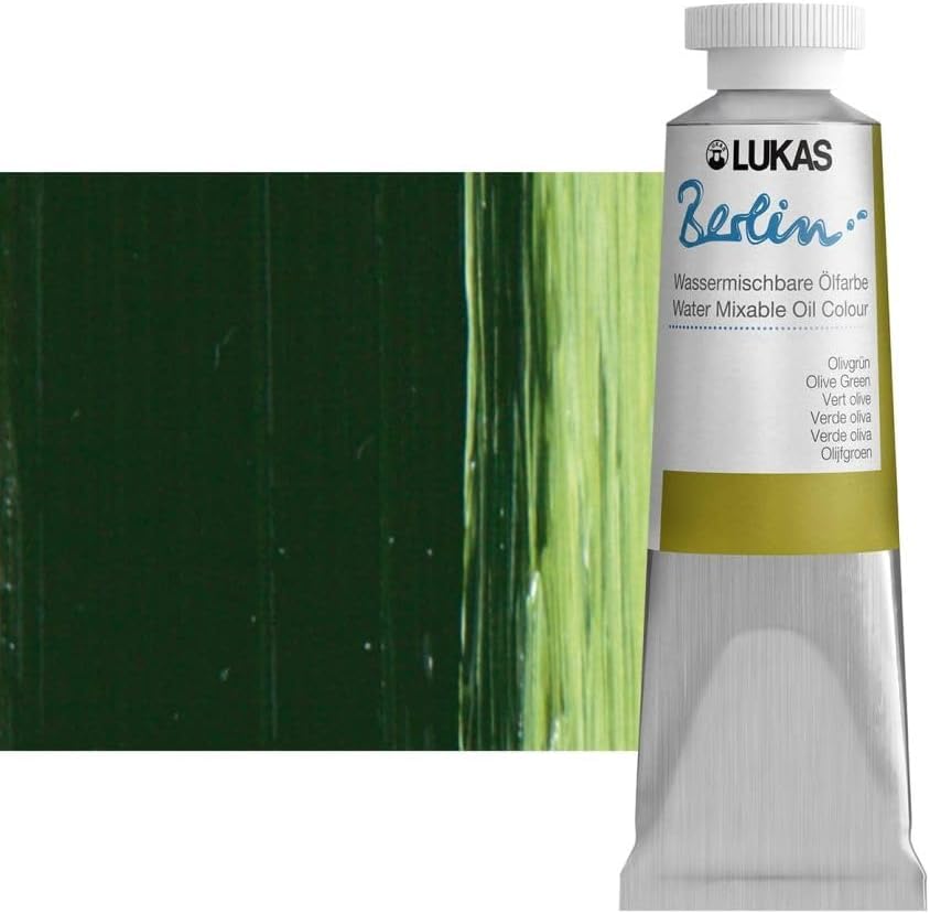 Lukas Berlin Pro Artists Water Mixable Oil Paint 37 ml Tube Olive Green, Water Soluble, Lightfast Pigments, Quick Drying, Easy Clean-Up, Eco-Friendly, Professional Quality, 40 Color Range