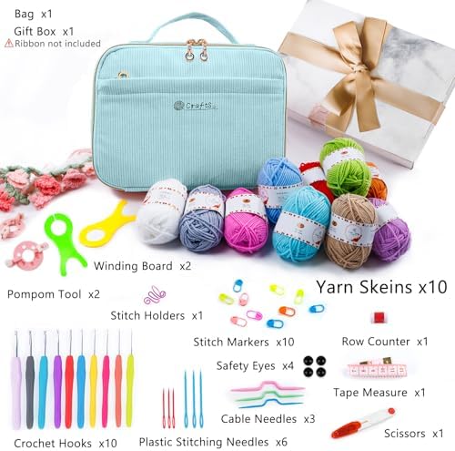 MYBAGZING Crochet Kit for Beginners with Yarn Storage Bag, 10pcs Crochet Hooks 2.0-6.0 mm, 10 Skeins Yarn for Crocheting, Knitting Accessories, 58pc Crochet Starter Kit for Adults