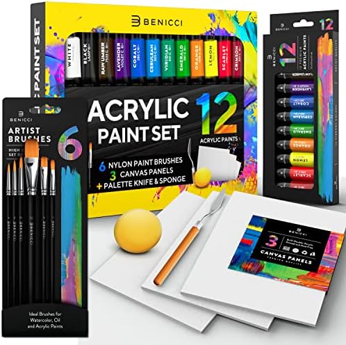 Complete Acrylic Paint Set – 12х Rich Pigment Colors & 6x Art Brushes - Includes 3 Paint Canvases, Palette Knife & Sponge - Perfect for Canvas, Clay, Ceramic - Non-Toxic, Great for Kids & Adults