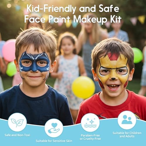 Pintada 42 Color Face Painting Kit for Kids - Non Toxic Water Based Face Paint Palette With Black and White Face Paint, Stencils, Brush, Gems. For Carnival, Halloween, Costume Makeup