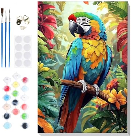 Bowetile Framed Paint by Numbers Parrote for Adults Beginners, Adults' Paint-by-Number Birds Kits, Easy Adult Paint by Number Kits on Canvas, Acrylic Animals Number Painting for Home Decor, 8x12in