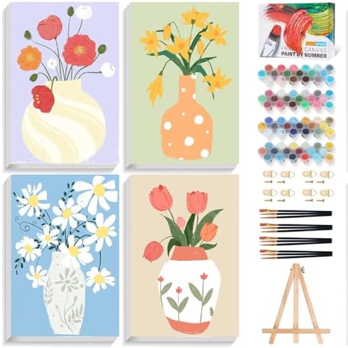 4 Pack Framed Paint by Numbers Kit for Adults Beginner with Wooden Easel, Flowers Vase Easy Adult Paint by Number Kits with Frame, DIY Acrylic Number Painting for Adults for Home Decor Gift 8x12 Inch
