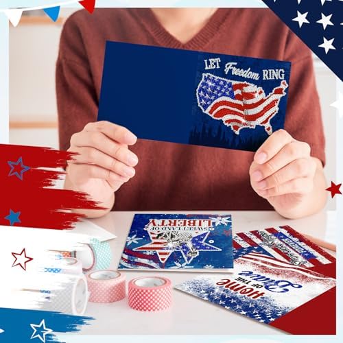 Saillong 12 Pack 4th of July Diamond Painting Greeting Card Kits Patriotic Diamond Art Cards with Envelopes Independence Day Red White Blue 5D Rhinestones Painting Making Kits for Adult DIY Craft Gift