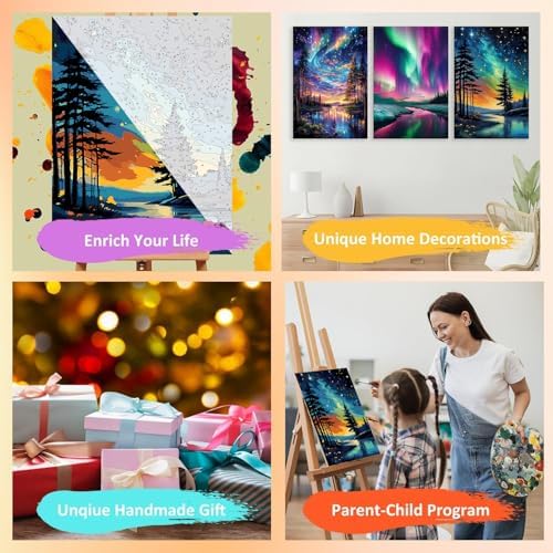 3 Pack Framed Paint by Numbers for Adult with Wooden Easel (8x12 inch) | Starry Sky Paint by Number on Canvas Oil Painting Kit with Brushes, Easy Adults' Paint-by-Number Kits for Home Wall Decor