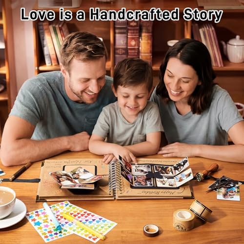 OVESMUSL 8x8 DIY Scrapbook Kit, Brown, 40 Pages | Features 250gsm kraft paper, metal corners, 3D interactive elements, and glue stick. Great for wedding, anniversary, baby.