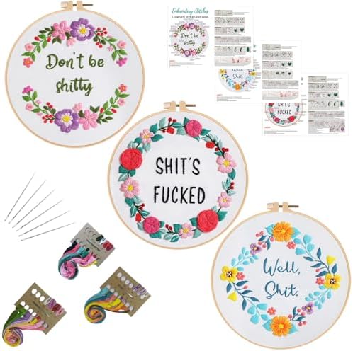Louise Maelys 3 Sets Funny Embroidery Kits for Beginners