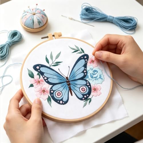 Silentsea Blue Butterfly Embroidery Kit for Beginners – Complete DIY Stitching Craft Set with Pre-Printed Fabric, Hoop, Threads & Video Tutorial – Ideal for Home Decor & Handmade Gifts