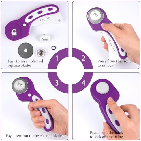 45mm Rotary Cutter for Fabric with 5 Extra Blades, Roller, with Safety Lock