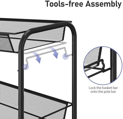 TOOLF 3 Tier Rolling Cart, Metal Utility Storage Cart with Wheels, Black | 3 Hooks, Screwless Assembly, Trolley Organizer for Bathroom, Kitchen, Office, Nursery, Dorm, Laundry Room