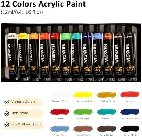 VISWIN 50 Pcs Acrylic Paint Set with Tabletop Easel, Painting Kit with 12 Acrylic Paints, Canvases, Brushes, Palette, Paper Pad, Art Supplies, Ideal Gift for Adults, Kids, Artists, Students