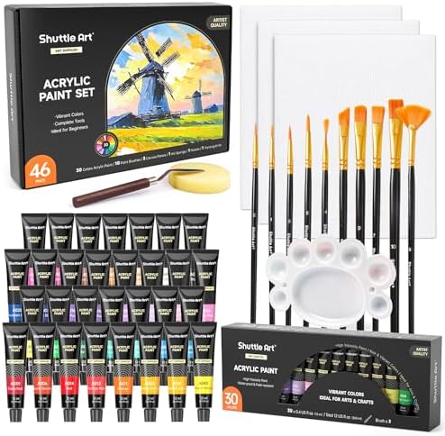 Shuttle Art 46 Pack Acrylic Paint Set, 30 Colors Acrylic Paint with 10 Brushes 3 Canvas 1 Knife Palette Sponge, Complete Painting Set for Kids, Adults, Beginners, Painting Wood, Ceramic
