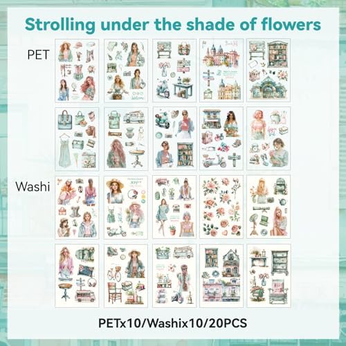 Floral Shade Stroll Sticker Scrapbooking Supplies for Junk Journal, 20 Sheets PET Stickers - Vintage Journaling Stickers