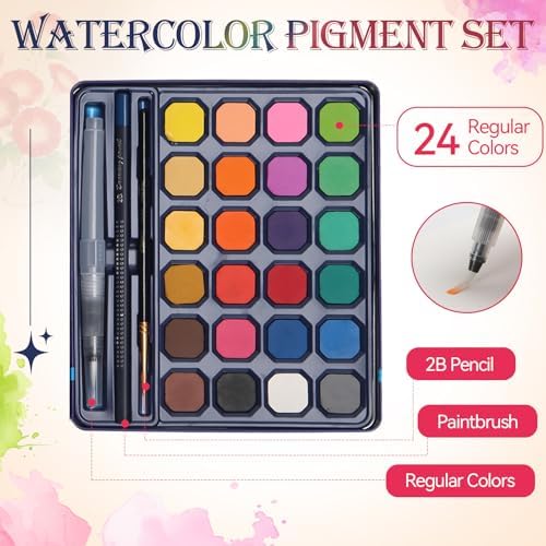 Floral Watercolor Painting Kit, 24 Paints, 3 Brushes, Workbook