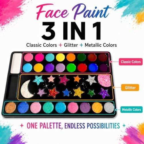 Face Painting Kit, Oil Based Body Paint Waterproof Sweatproof Non-Toxic Facepaint Palette with Brush, Stencil, Sponge, Gem, for Party Halloween 4th of July World Cup (40 Colors Kit for Boys)