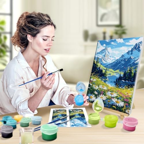 JOOZ Mountain Paint by Numbers Kit for Adults with Frame, Landscape Paint by Number with Easel, DIY Landscape Flower Adult Paint by Number Kits Framed Canvas for Home Wall Decor 8 x 12 Inch