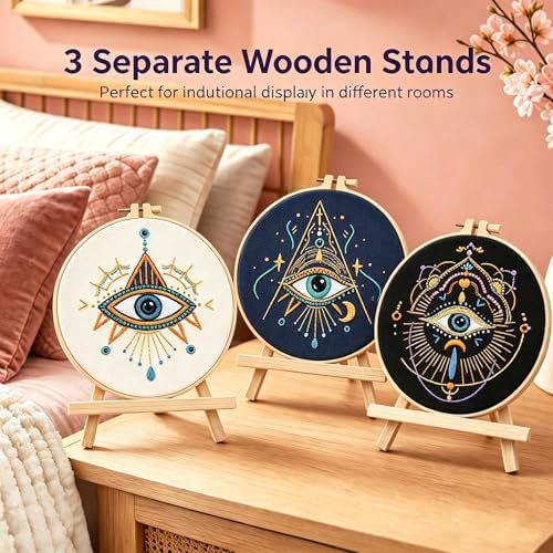 Qupace 3 Pcs Black Evil Eye Embroidery Kits for Beginners Adults,Stamped Cross Stitch Craft Set with 3 Embroidery Hoops & Finished Stands, Mystical Boho Eye Pattern Needlework Kit