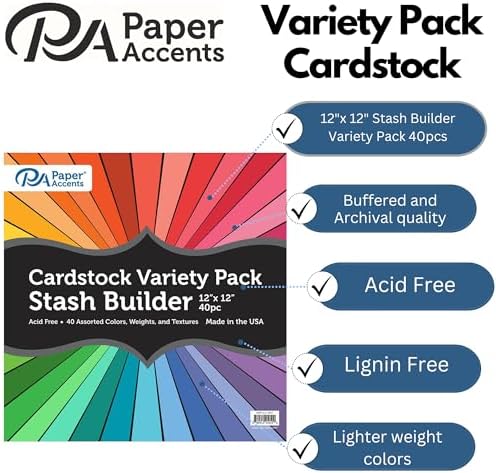 Accent Design Paper Accents Variety Pack, Stash Builder Assorted Cardstock, 12x12 Inch, 40 Pack, Lighter Weight, Rich Colors, Scrapbooking, Card Making, and Crafts