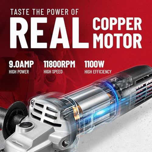 DCK 9.0Amp Angle Grinder 1100W, 4-1/2 Inch Electric Grinder Power Tool, 11800 RPM, Auxiliary Handle 2 Safety Guards, 6 Piece Discs, Copper Angle Grinder for Cutting, Grinding, Polishing (KSM17-115B)