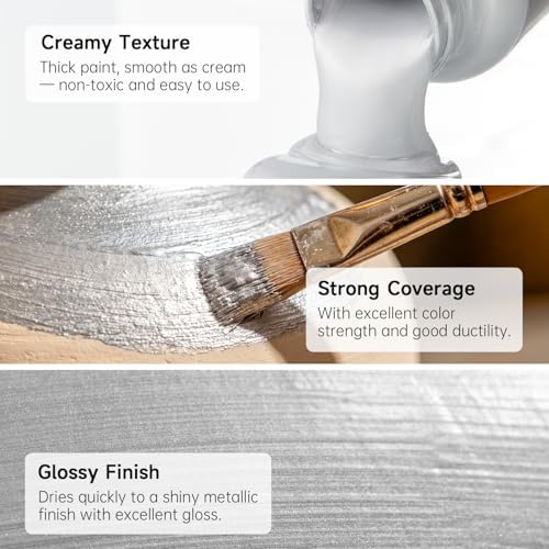 Shuttle Art Metallic Sliver Acrylic Paint, 8.45 oz (250 ml) Silver Leaf Paint With Brush, Non Toxic, Non Fading Silver Paint for Crafts, Metal, Wood, Clay, Ceramic, Canvas, Furniture