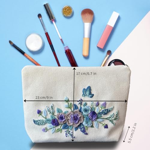 FONNUY Embroidery Kit Makeup Bag for Beginners, Flowers Pre-Stamped Pattern Handbag Coin Purses Making Kits for Adults with Hoop, Easy to Follow Color Thread Needlework (Blue)