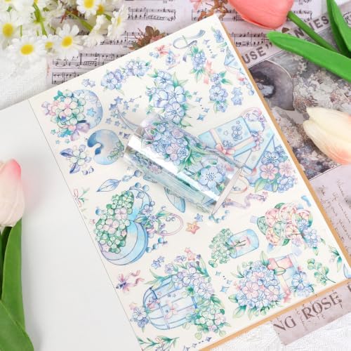 Sitsink PET Tape for Journal Scrapbooking - Blue Floral PET Tape Stickers for Crafts Junk Journal Supplies Notebook Scrapbook DIY Decor Ornament