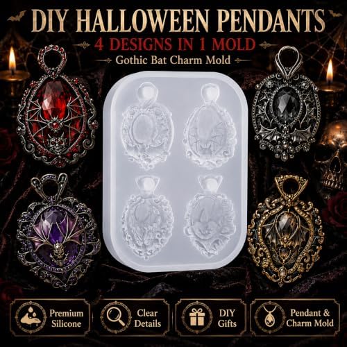 4-Cavity Gothic Bat Pendant Resin Silicone Mold with Hanging Hole, Vintage Frame Bat Epoxy Resin Casting Mould for DIY Necklace Charm, Halloween Gothic Jewelry Making Craft Supplies (BF03)