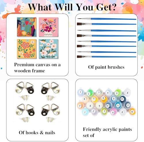 eimivrc 4 Pack Paint by Numbers Kit for Adults Framed,Flowers Paint by Numbers for Adults Beginner,DIY Acrylic Oil Painting for Home Wall Decor(8x8inch)