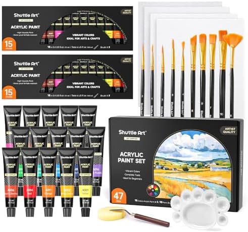 47 Pack Acrylic Paint Set, Shuttle Art 15 Colours (12ml Each, 2Pack) Acrylic Paint with 10 Brushes Painting Canvas Knife Palette Sponge, Complete Gift Set for Kids, Adults Painting Canvas, Ceramic