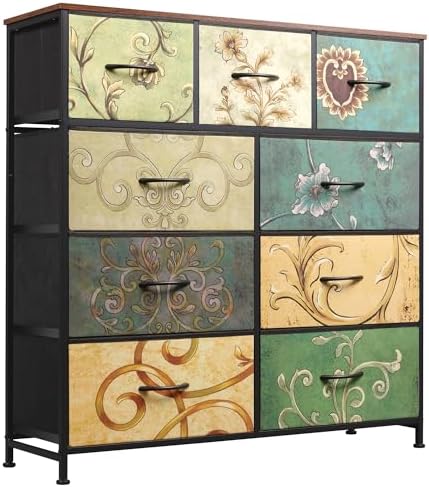 WLIVE Tall Dresser for Bedroom, 9 Drawer Chest of Drawers, Floral | 9 roomy fabric drawers, Tall storage design, Bedroom or closet use, Sturdy steel frame, Smooth wood tabletop