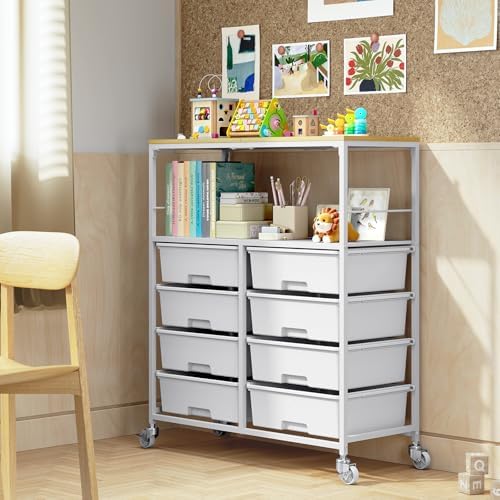 APEXCHASER Rolling Storage Cart with 8 Large Drawers, Wooden Tabletop